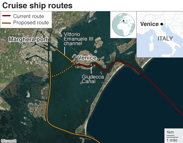 Cruise ship routes into Venice - enlarge
